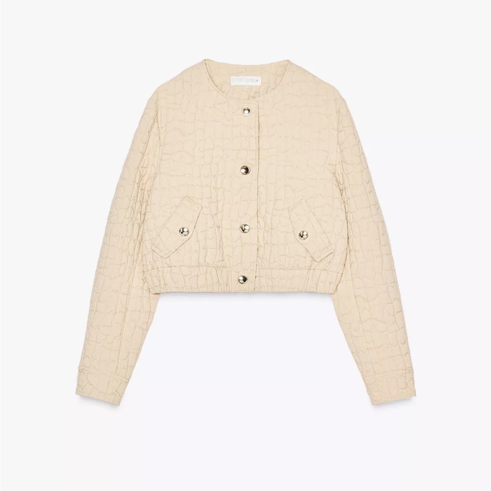 Zara Cream Quilted Bomber Jacket with Gold Buttons Size Medium